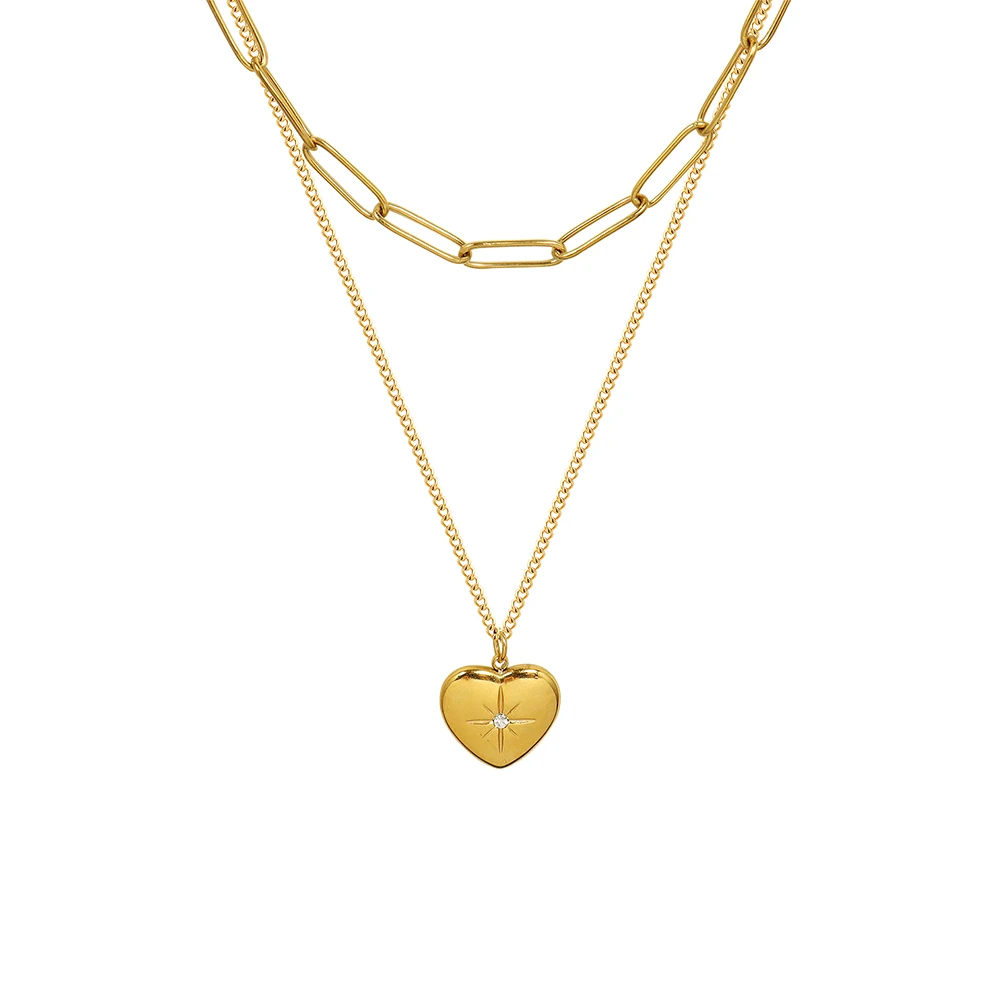 

Women Fashion Double Chain Heart Shaped Titanium Steel Necklace, 18k gold/rose gold/silver