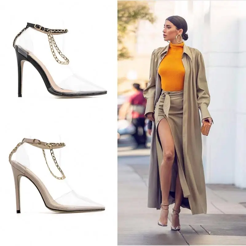 

European and American transparent pointed toe chain plus size high heel sandals women, Black,beige or customized