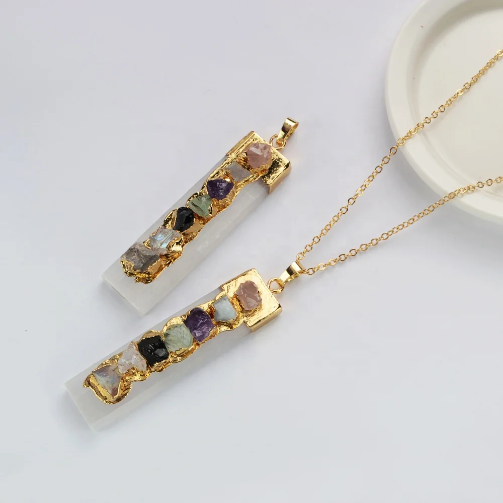 

G2047 Rectangle 18K Gold Plated Selenite Crystal Necklace Chakra Crystal Pendant Selenite Necklace