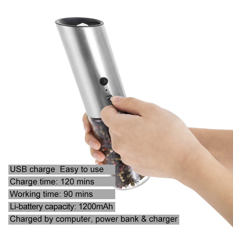 

USB Rechargeable Portable Stainless Steel Spice and Herb Mill Gravity Automatic Electric Salt and Pepper Grinder