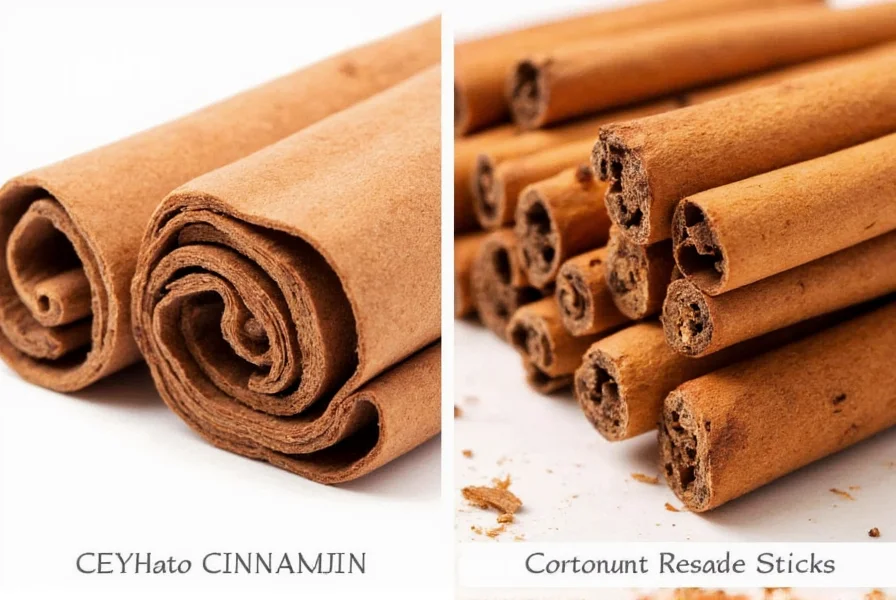 Close-up comparison of Ceylon cinnamon quills versus cassia cinnamon sticks showing the layered structure of Ceylon cinnamon