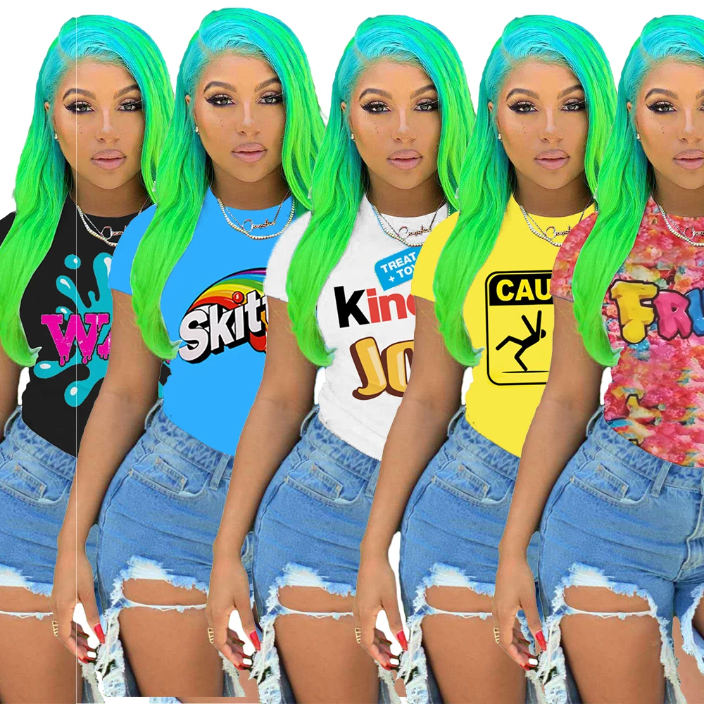 

2021 Hot Sale Ladies T Shirt Cozy Letter Print Candy Color Short Sleeve Tops Summer Street Wear Women T-shirt