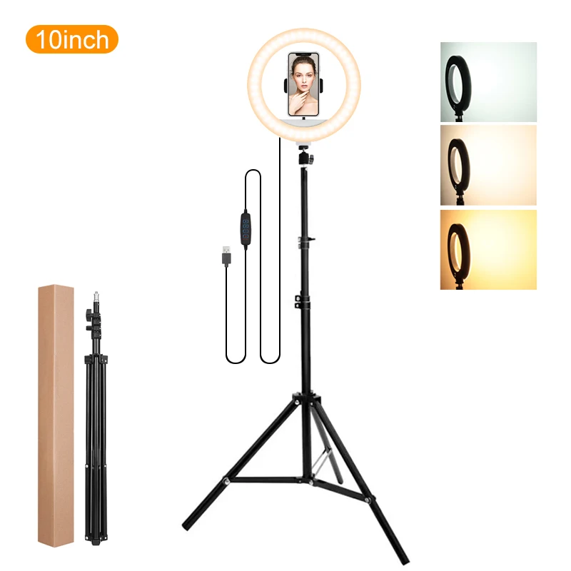 

10 inch selfie ring light with 2.1m tripod & cell phone holder LED circle light for makeup photography YouTube Tiktok