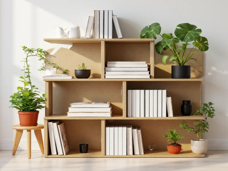 Modern cardboard bookshelf holding books and plants