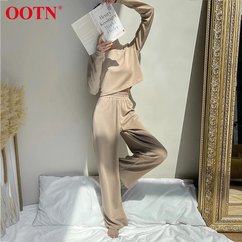 

OOTN Female Autumn Outfits 2020 O-Neck T-Shirt And Wide Leg Pants Suits Khaki Casual 2 Piece Set Knitted Women Tracksuit
