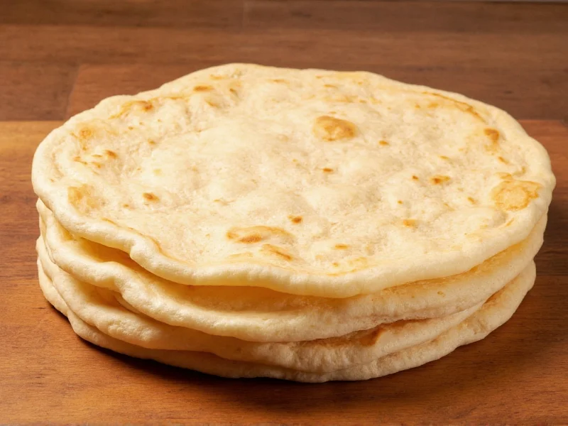 Stack of freshly made warm tortillas on wooden surface