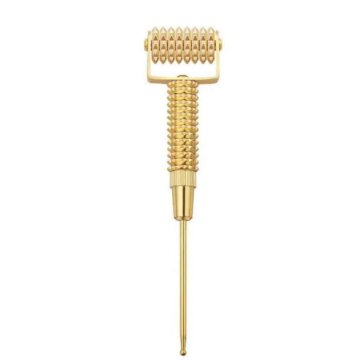 

Multifunction Facial Acupuncture Skin Massager Tool Needle Roller Metal Pure Copper Massager Gold Acupressure Roller, Golden