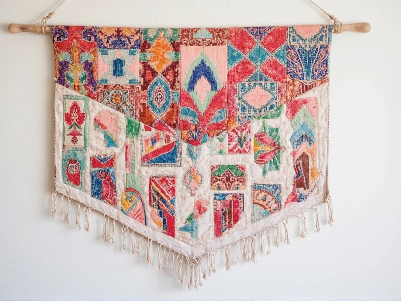 Geometric fabric wall hanging with colorful textile patterns