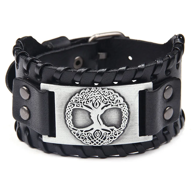 

Wholesale Handmade Mens Wide Cuff Leather Celtic Tree Bracelet, Black, brown