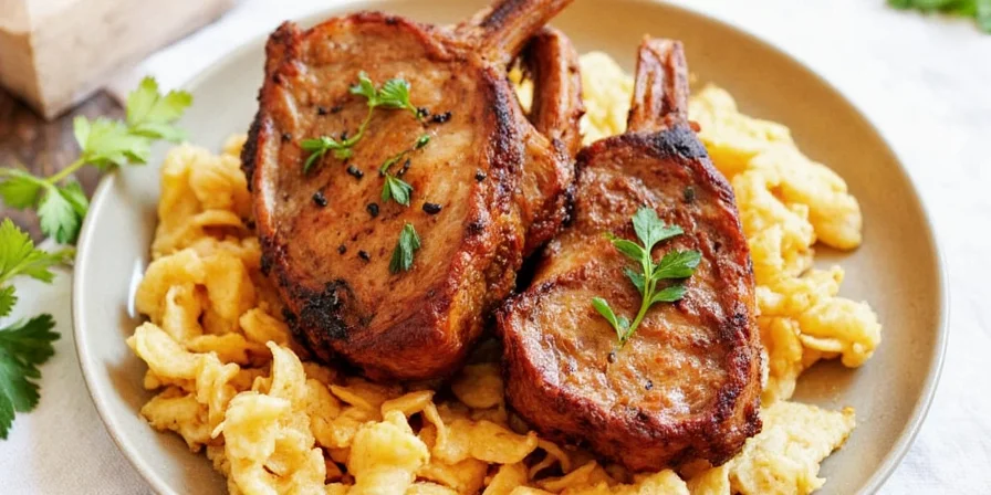 Crispy crusted ginger pork chop on a platter