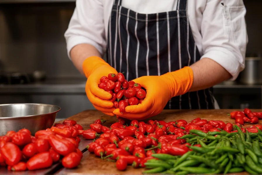 Chef wearing gloves while carefully handling extremely hot peppers with proper safety equipment