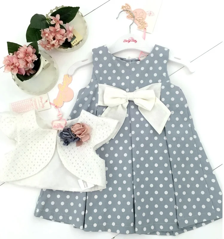 

Hot sale in stock branded kids clothes cardigan dress toddler girls clothing set 24 Months, White cardigan blue dress