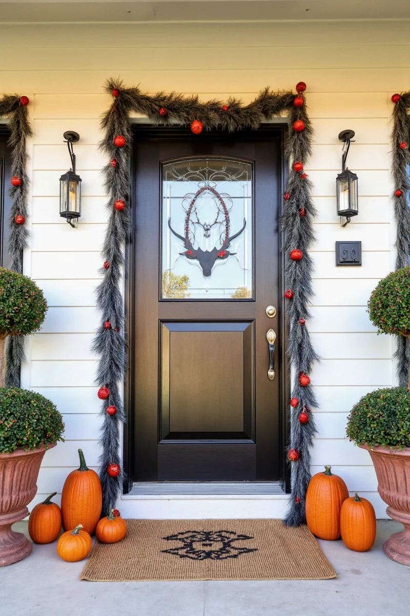 Fall-themed wreath with dried flowers, berries, and a wooden 'Welcome' sign