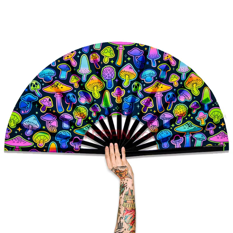 

In Stock 13Inch Large UV Reflective Cute Mushroom Folding Clack Bamboo Hand Held Fan for Rave Festivals Accessories