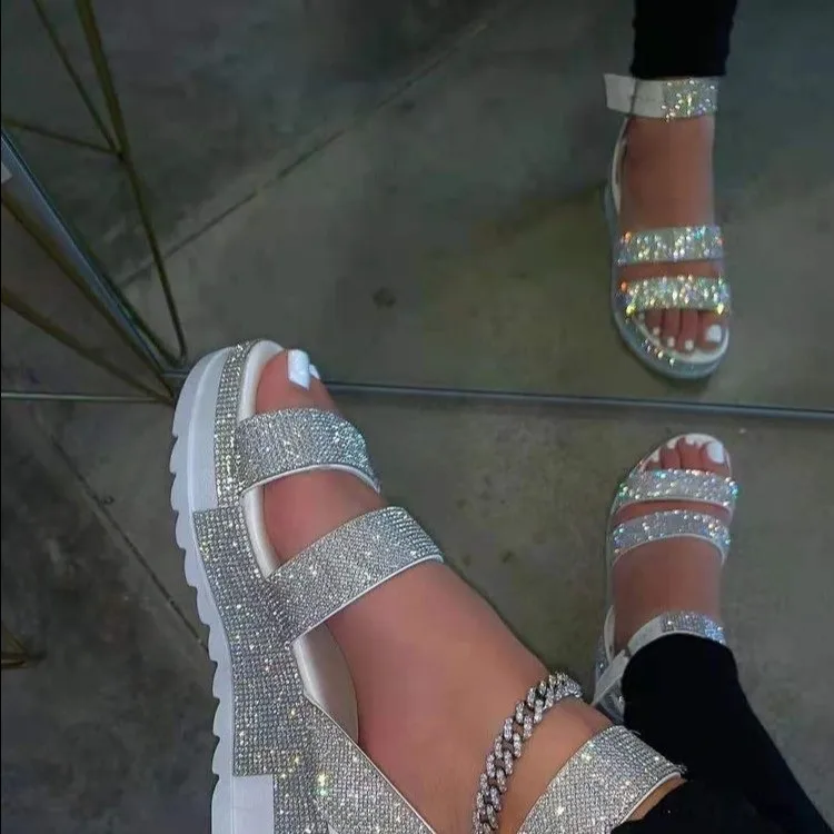 

Fashion best selling 2021 spring ladies sandals rhinestone platform slides flats jelly sandals for women, Colorful,white