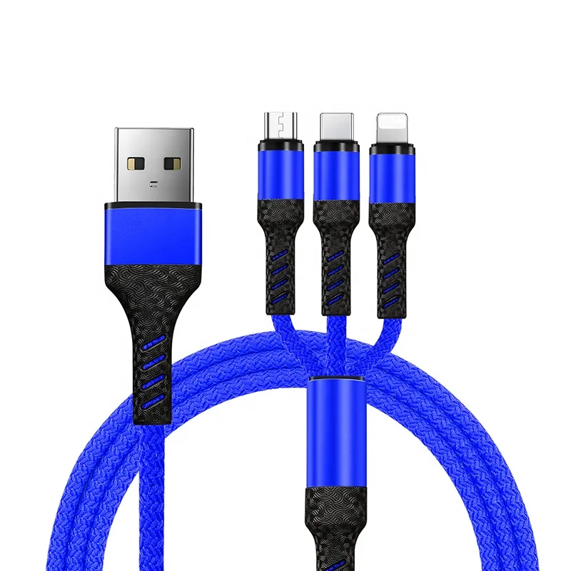 

Wik- MS 2021 New Arrival Trending 3in1 Braided Cell Phone Mobile Charging 3 in 1 USB Cable Charger Cords, Blue, red, gold and black