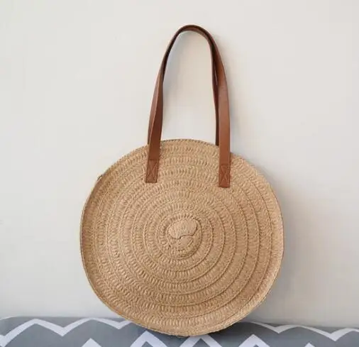 

Straw Bag Women's Summer Rattan round Bag Handmade Woven Circle Bohemia Beach Handbag Wicker Bag