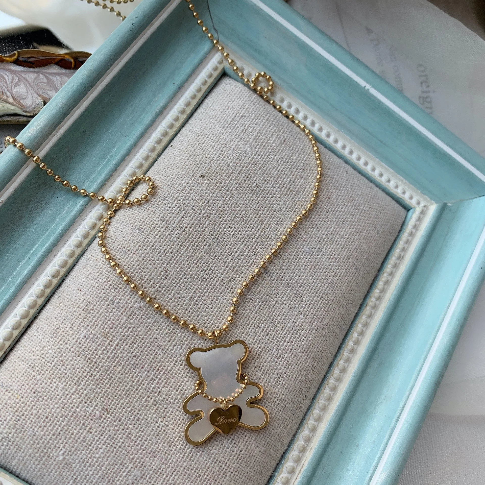 

White Shell With Stainless Steel Gold Plated Cute Love Teddy Bear Pendant Necklace