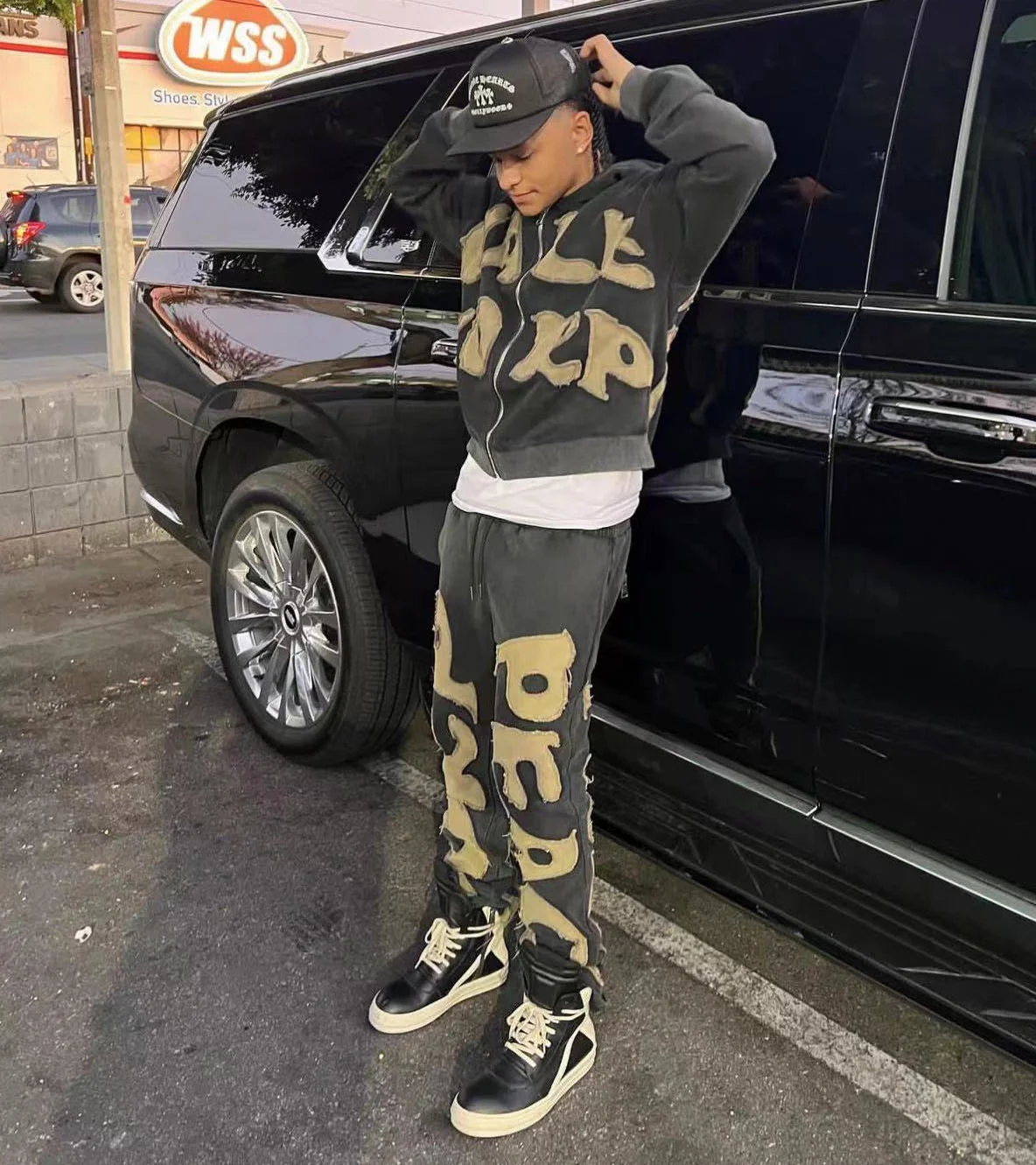 Custom Man Acid Washing Distressed Applique Embroidery Zip up Tracksuit Two Pieces Sweatsuits Heavyweight Hoodie Sweatpants Sets