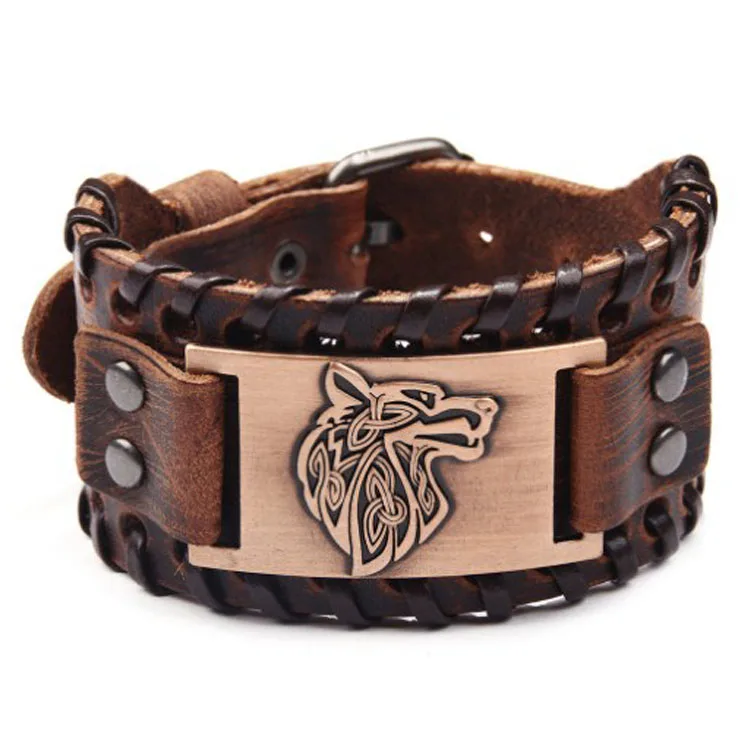 

Hip Hop Vintage Black Wolf Charm Bracelet Cuff Nordic Viking Wolf Head Leather Bracelet, Shown