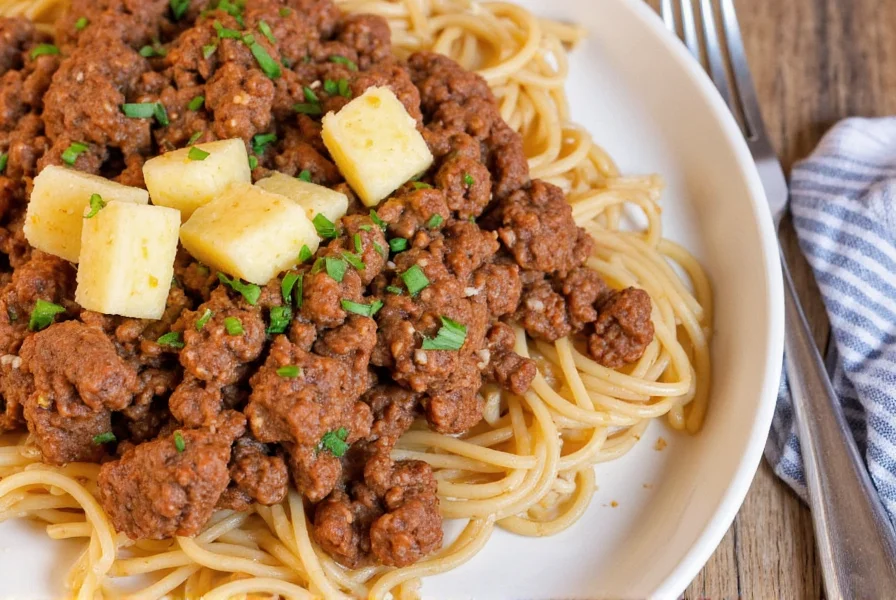 Serving of spaghetti with perfectly seasoned ground beef