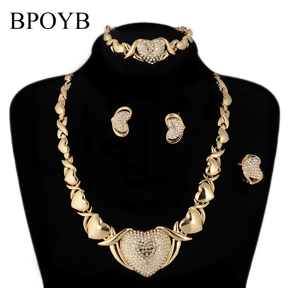 

BPOYB Trendy 18K Real Gold Plated Neckalce Earrings Bracelet Ring Diamond Big Heart Xoxo Jewelry Set Factory Wholesale