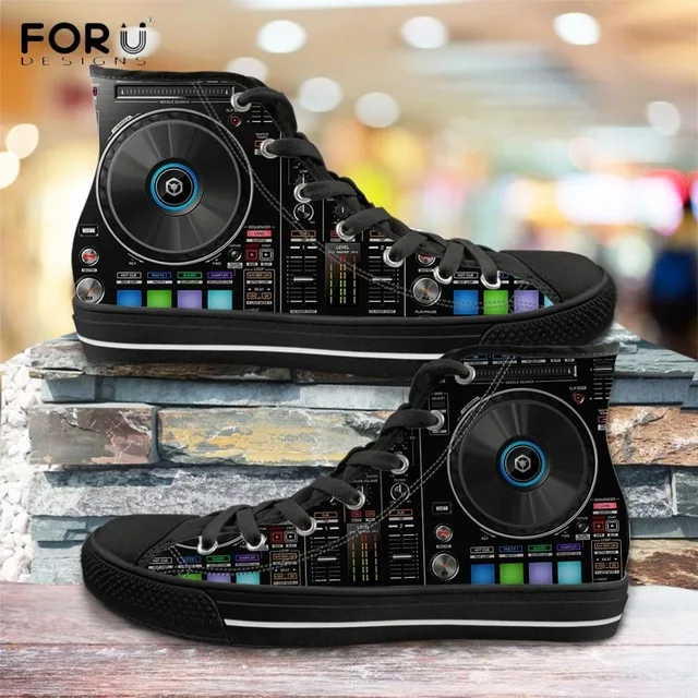 

Cool Music Notes DJ Print Mens Canvas High Top Sneaker Lace-up Classic Casual Shoes Black and White Custom, Customized color