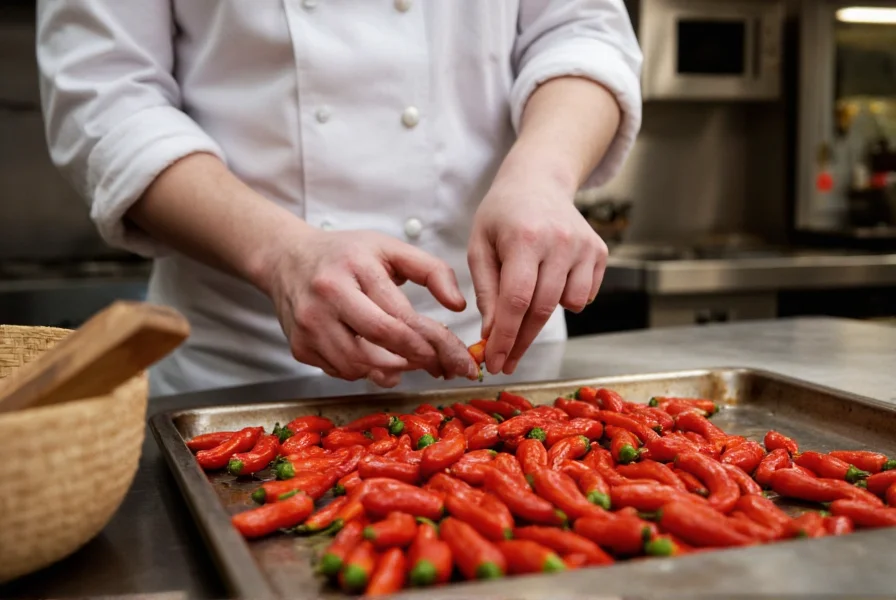 Chef carefully measuring small amount of extremely hot pepper for cooking