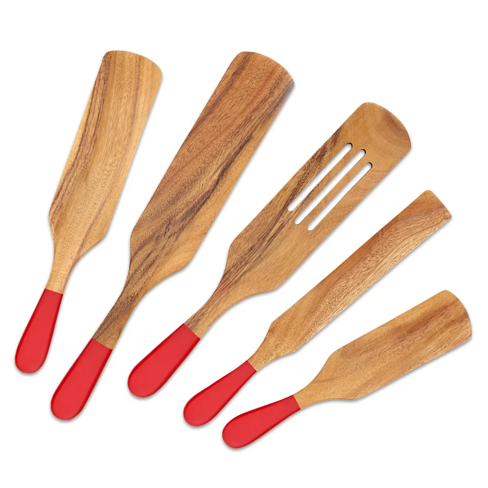 

Customized Handmade 5 Pieces Acacia Wood for Non Stick Cookware Red Handle Wooden Spatula, Natural wood color