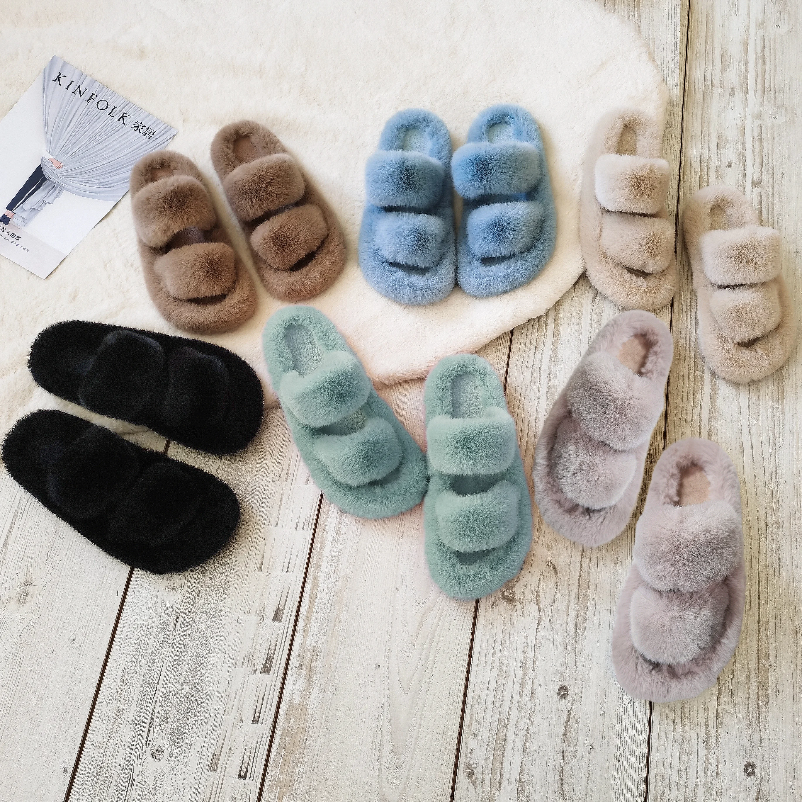 

China Manufacturer Custom Wholesale Fashion Luxury Ladies Indoor House Home Vegan Faux Fur Furry Fluffy Plush Slippers for Women, Customized color