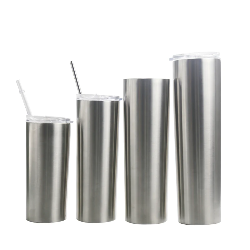 

Skinny Tumbler With Stainless Steel Lids And Straws 20oz Skinny Double Wall Stainless Steel Vacuum Skinny Sublimation Cups, Silver
