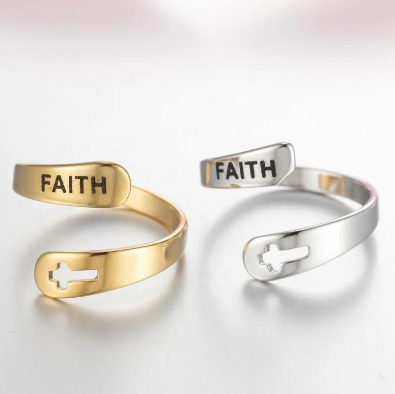 

Adjustable Size Faith Hope Love Blessed Keep Going You Are My Sunshine I Am Enough 316L Stainless Steel Letter Ring, Silver, gold