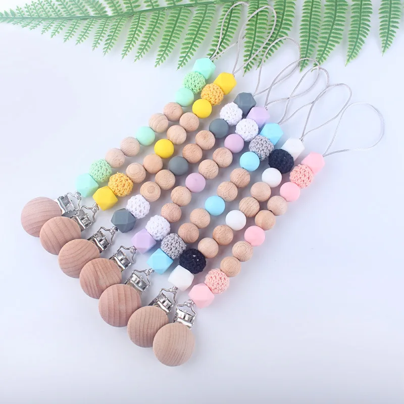 

Colorful Crochet wooden beads Silicone Beads Dummy Clip Baby Pacifier Wooden Clip