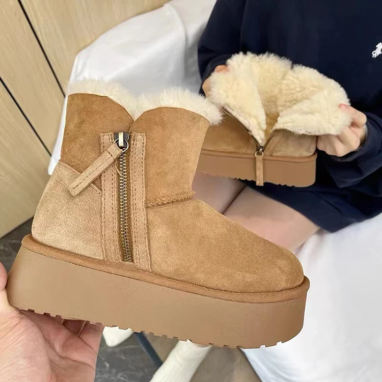 

Fashion Winter Women Platform Faux Shearling Fur Flat Warm Wool Snow Boots with Zipper