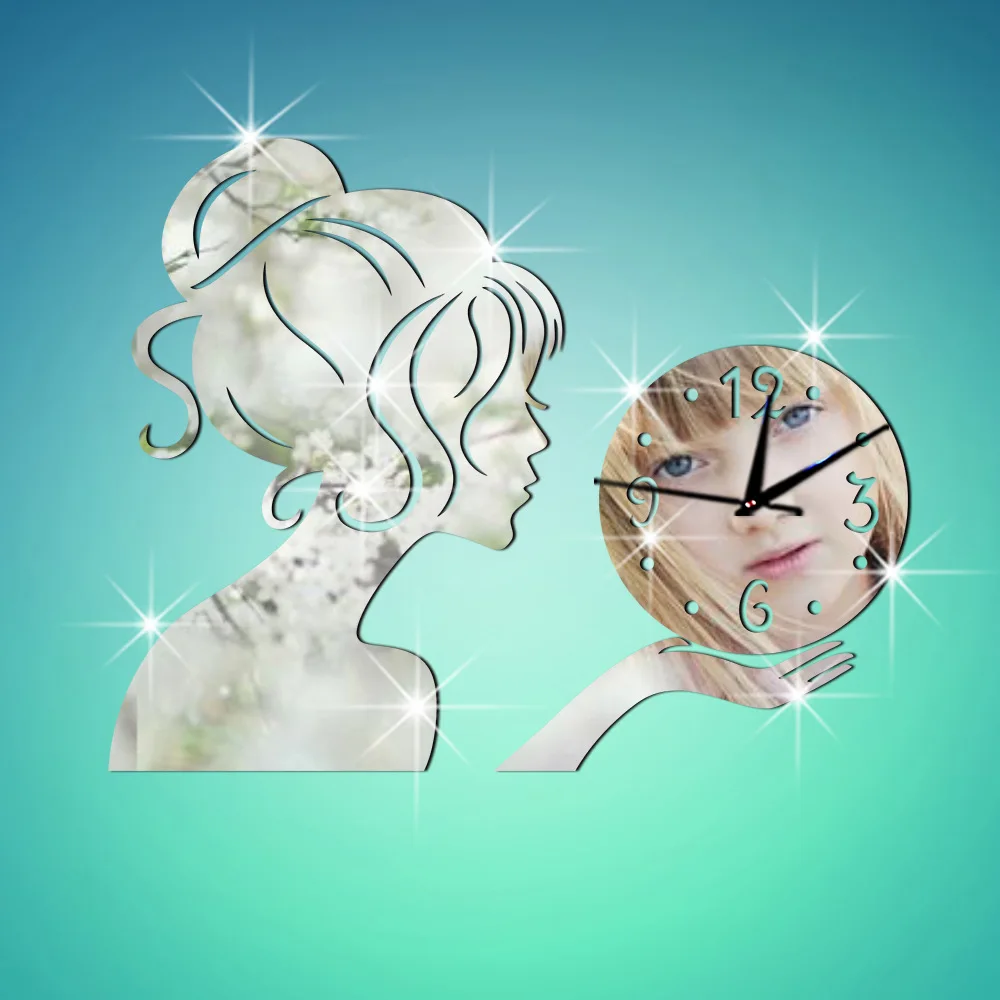

Mirror Effect Lady Wall Clock Art DIY 3D Mirror Sticker Clock Home Study Living Room Decoration - Silver-Golden, Black&red