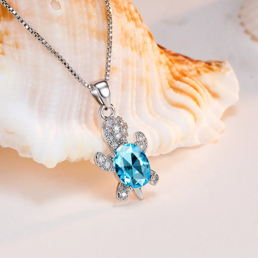 

Luxury Clear CZ Crystal Turtle Pendant Necklace Silver Plated Sky Blue Light Blue Crystal Turtle Sweater Necklace For Girls