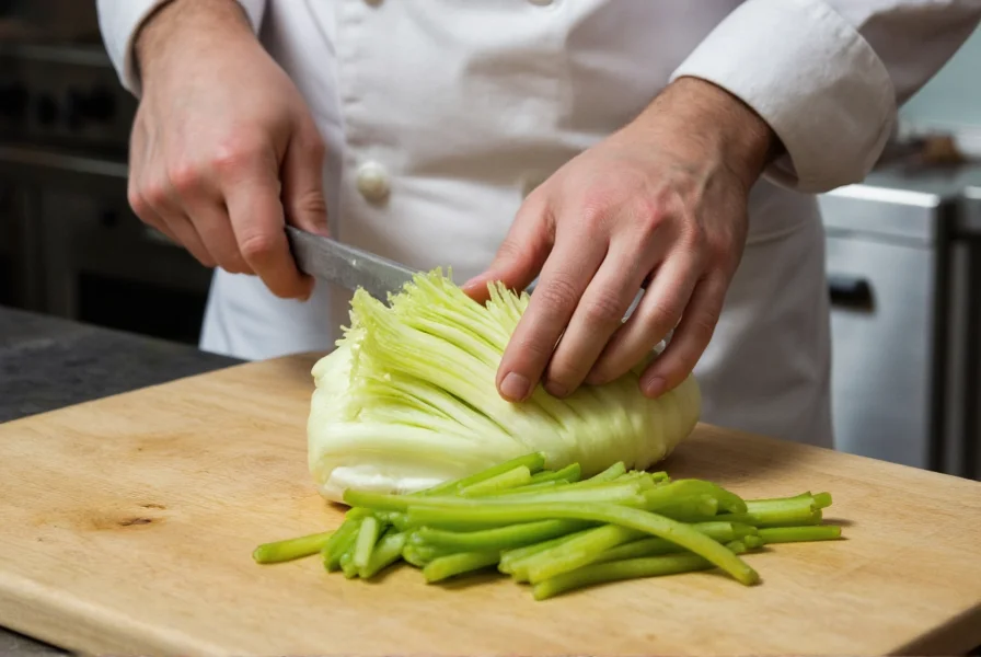 Chef preparing emerald fennel in kitchen, slicing bulb for salad