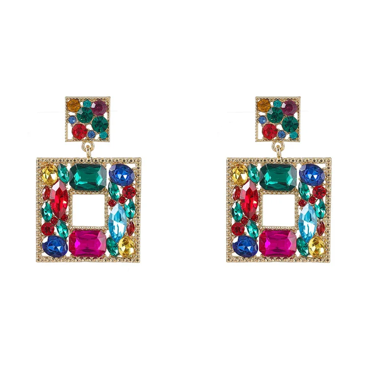 

2021 Fashion Vintage Geometric square Earrings Womens Colorful Glass Drill Drop Earrings, Picture shows