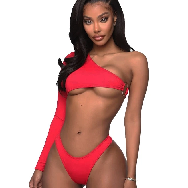 

Best Selling Ring Bodysuit Swimsuit Two Pieces Irregular One Shoulder Wrap Solid Swimming Costume Girls Bikini Swimwear Red