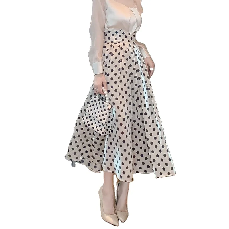 

2021 French Retro Women'S Polka Dot faldas Midi A-line skirt Skirts Fashion High Waisted maxi Long Skirts