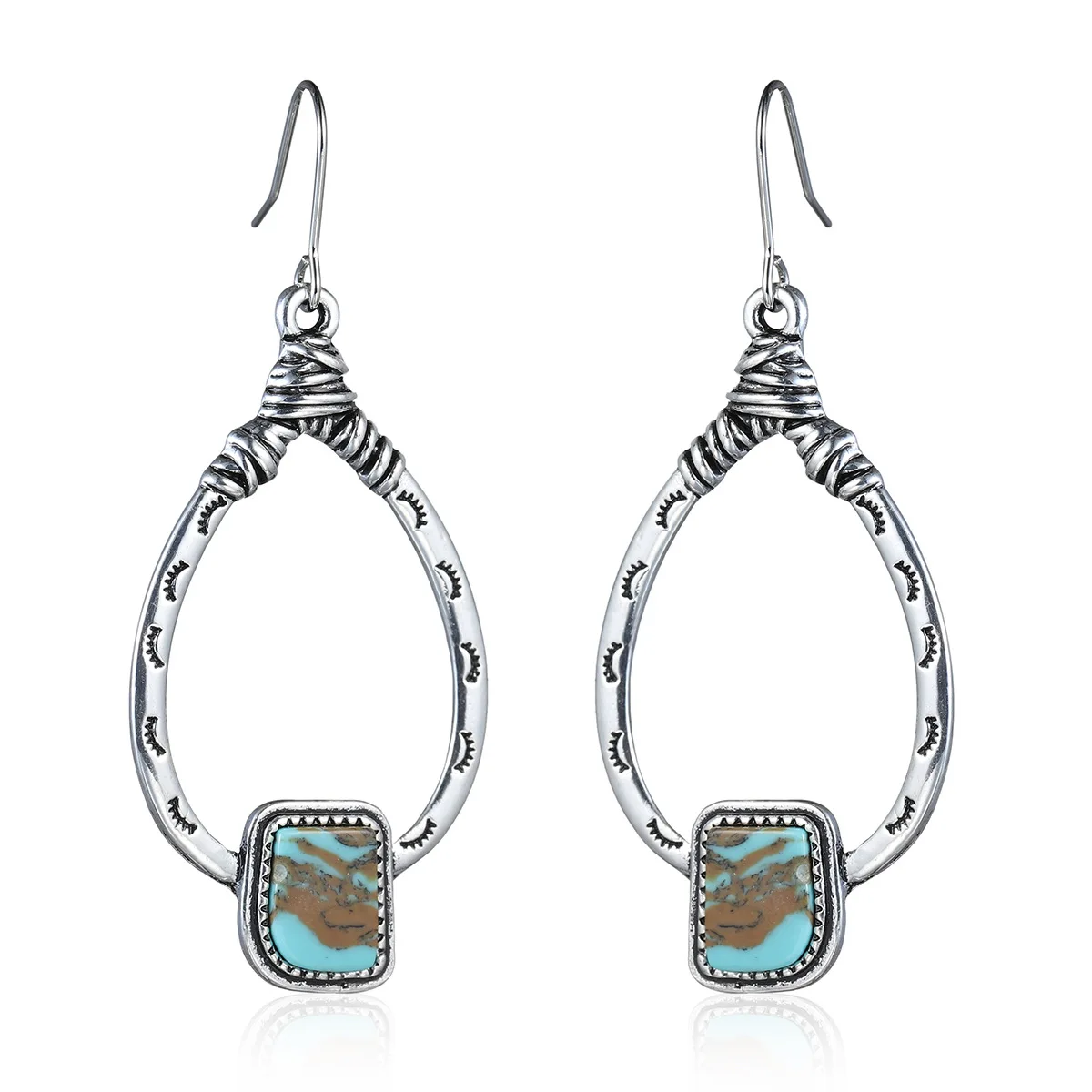 

Bohemian Jewelry 925 Antique Silver Carved Eyelashes Turquoise Earrings Handmade Large Hoop Drop Earrings For Women