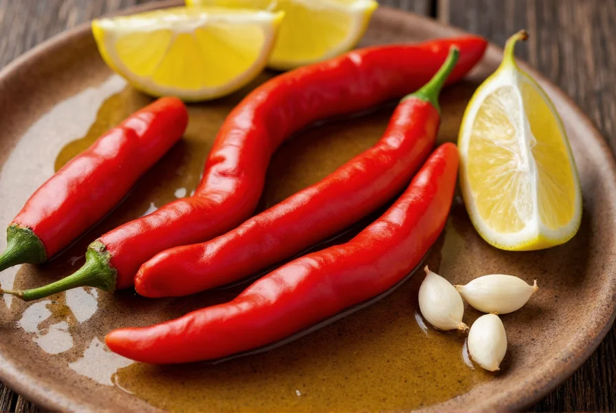 Close-up of Calabrian chili peppers in oil next to fresh garlic cloves and lemon wedges on rustic wooden surface