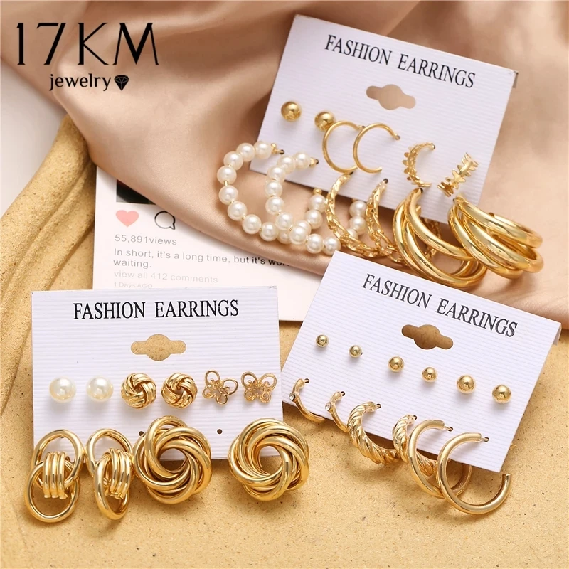 

Finetoo Newest Twist Stud Earrings Set Gold Color Plating Pearl Hoop Butterfly Earrings with Card for Women, Gold plated