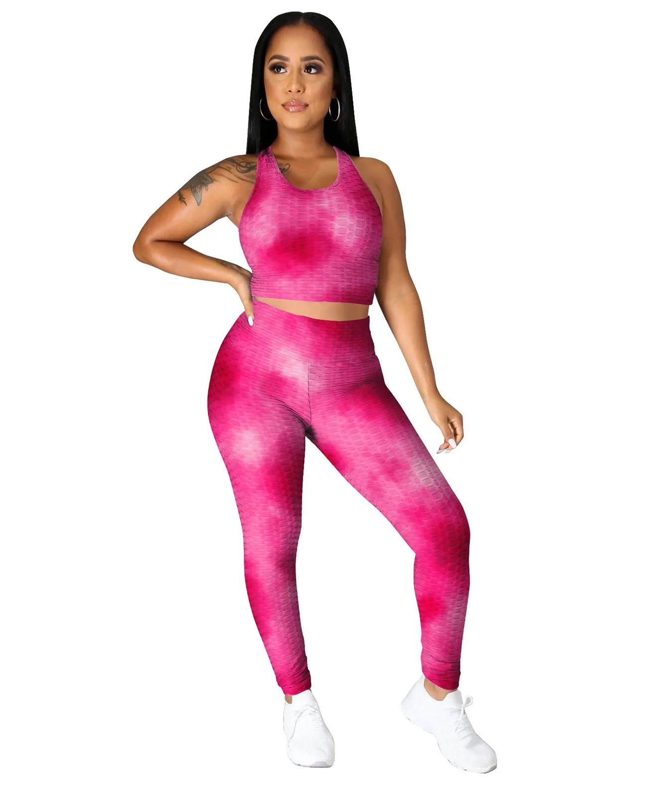 

MT19-418 Two-piece Set 2021 Women Sports Leisure Yoga Pants Short Set Women Clothing Sets Rainbow Tie Dye 2 Piece Casual O-neck