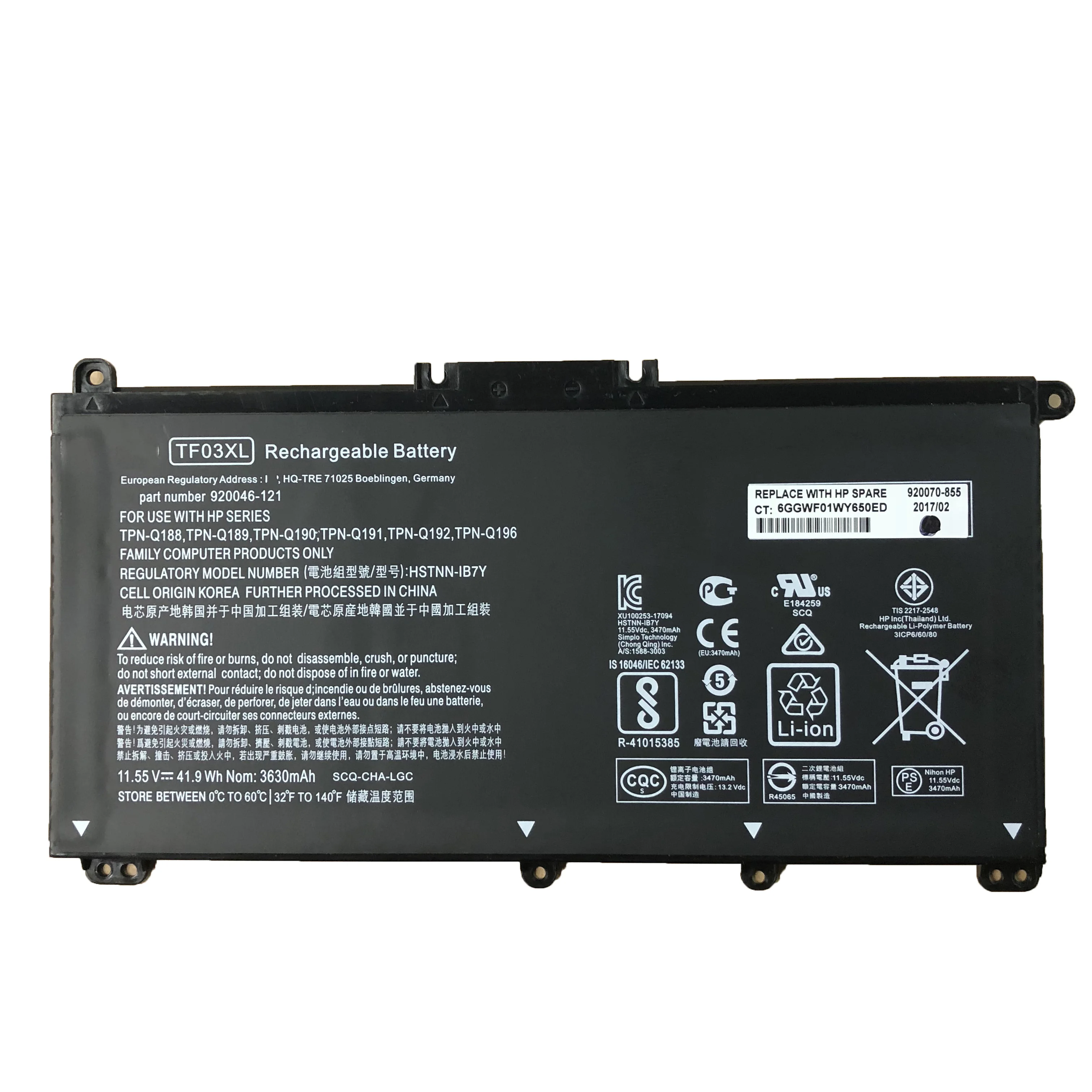 

11.55V 41.9Wh 3470mAh TF03XL new TF03XL HSTNN-LB7J HSTNN-LB7X Laptop Battery Pavilion 15-CD 920046-421 920070-85