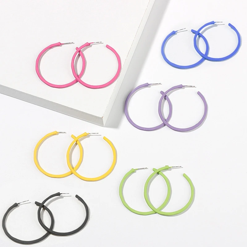 

2021 New Arrival retro trend girl Colorful Simple 6cm Big Circle Hoop neon enamel earrings women Wholesale, Silver gold black