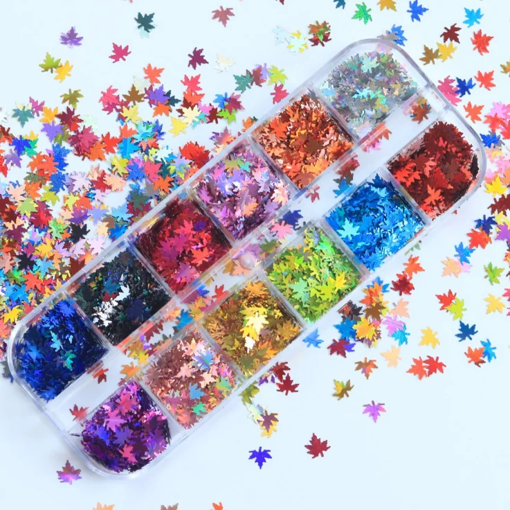 

12 Set Sequins Holographic Glitter Flakes Paillette Stickers For Nails Autumn Design Decor Maple Leaves Nail Art, Colorful