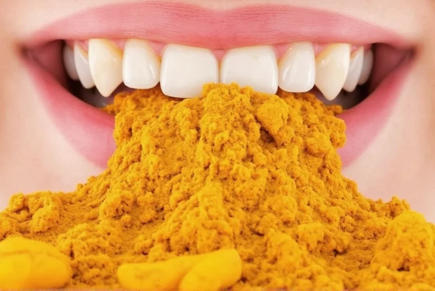 Close-up of turmeric powder next to white teeth showing potential staining effect
