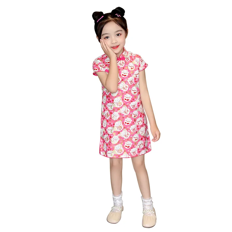 

Hot sales girls princess dress baby gold blocking cheongsam girls summer cheongsam dress clothing