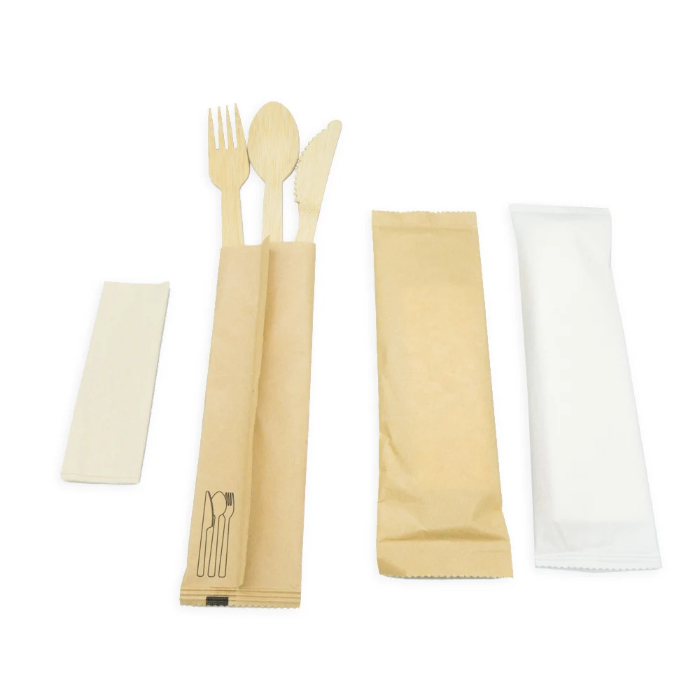 

Compostable biodegradable individually paper bag wrapped spoon/fork/knife/tissue disposable bamboo cutlery set for wedding/party, Natural bamboo color